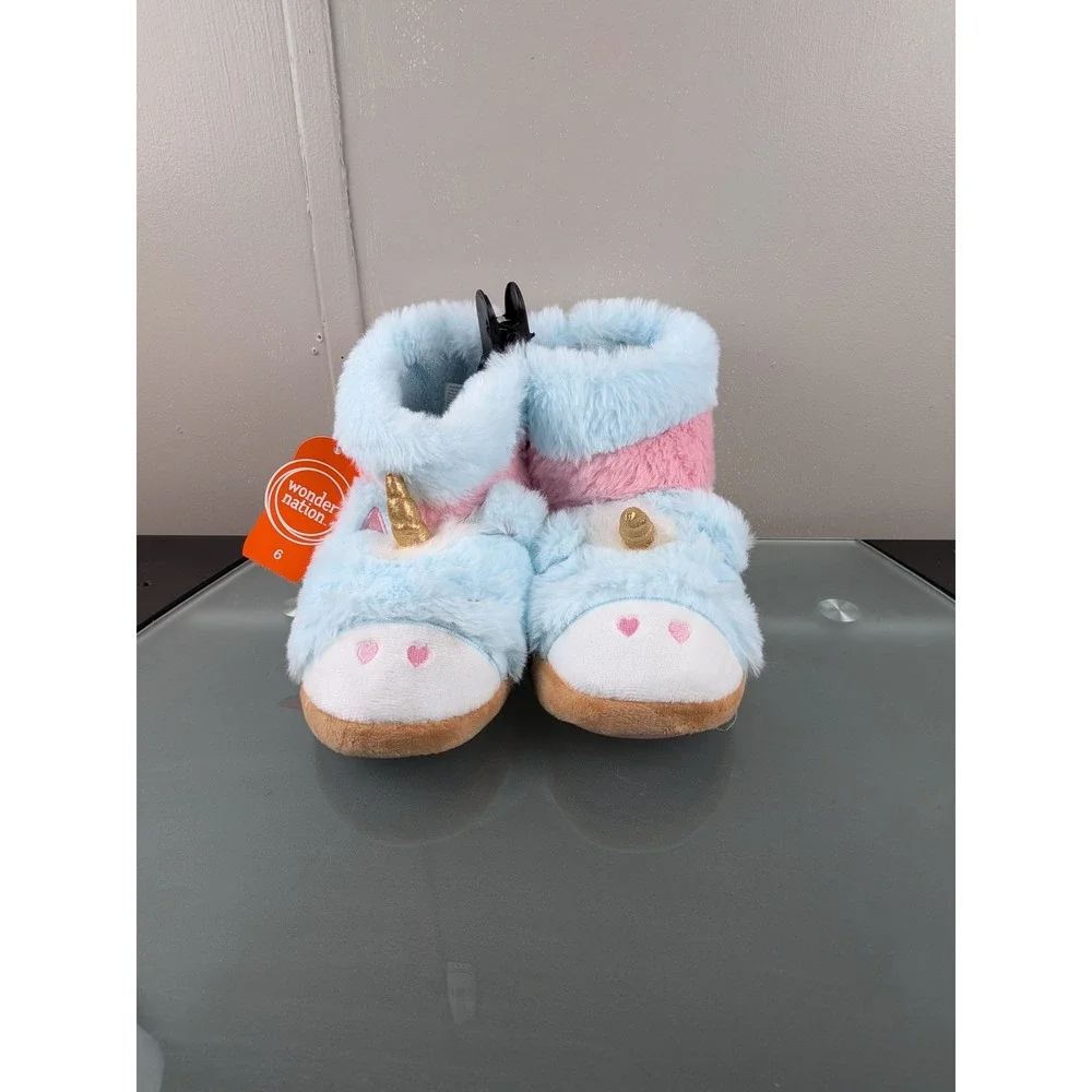 Wonder Nation Kids Blue Pink Plush Unicorn Bootie Slippers Size 6 NWT
